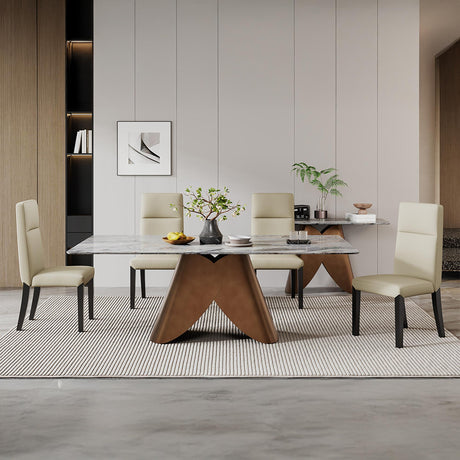 Enterprise Dining Set - 6 Seater - 180cm - Grey Marble - Venezia Dining Chairs - Cream Leather - High Back