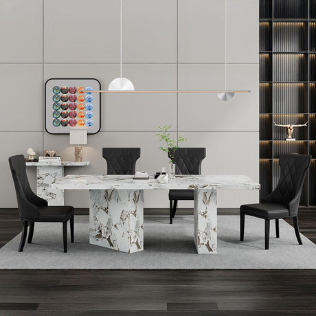 Viola Dining Set - 8 Seater - 200cm - White Marble - Mimi Dining Chairs - Black Leather - Large High Back