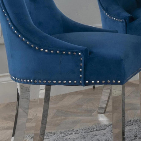 Knocker Back Dining Chair - Blue Velvet Fabric - Chrome Legs