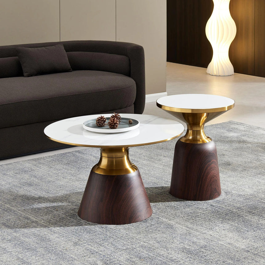 Horton Hourglass Ceramic Round Coffee Table with Walnut Base and Gold Trim