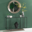 Hyde Black Metal Console Table, Clear Glass Top with Mirrored Bottom Shelf