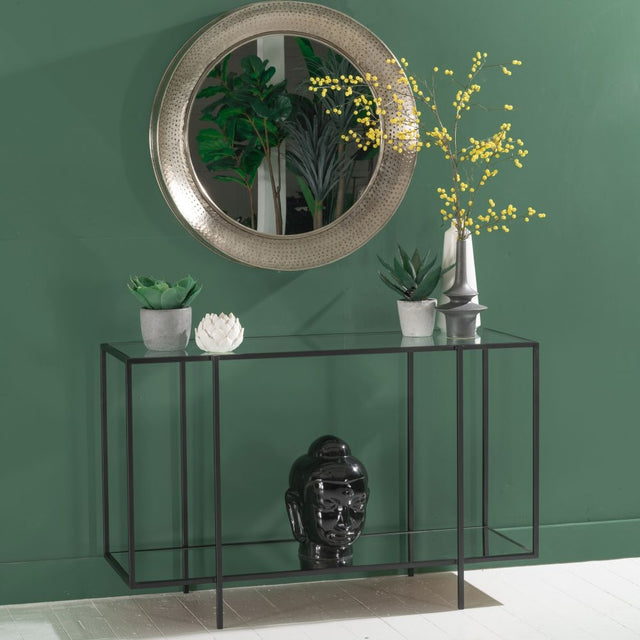 Hyde Black Metal Console Table, Clear Glass Top with Mirrored Bottom Shelf