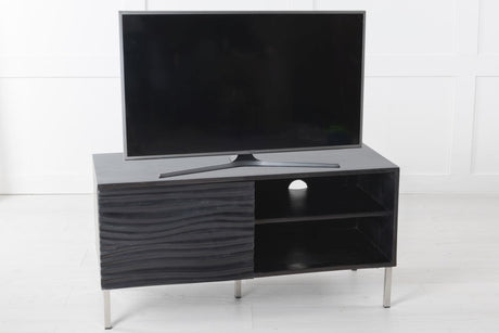 Wave Mango Wood TV Unit, Black Ripple Pattern 100cm Wide, Stand Upto 32in Plasma - 1 Door with 2 Shelf