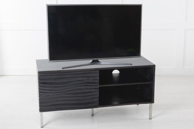Wave Mango Wood TV Unit, Black Ripple Pattern 100cm Wide, Stand Upto 32in Plasma - 1 Door with 2 Shelf