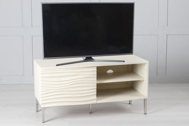 Wave Mango Wood TV Unit, Bone White Ripple Pattern 100cm Wide, Stand Upto 32in Plasma - 1 Door with 2 Shelf