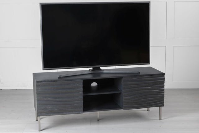 Wave Mango Wood TV Unit, Charcoal Grey Ripple Pattern 130cm Wide, Stand Upto 50in Plasma - 2 Door with 3 Shelf