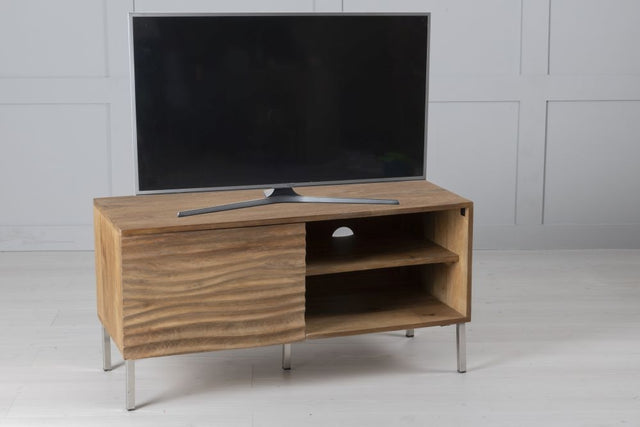 Wave Mango Wood TV Unit, Natural Ripple Pattern 100cm Wide, Stand Upto 32in Plasma - 1 Door with 2 Shelf