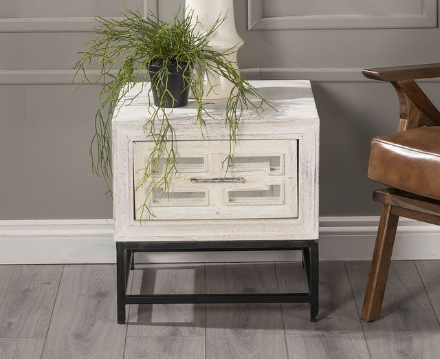 Geo White Mirrored Side Table - 1 Drawer
