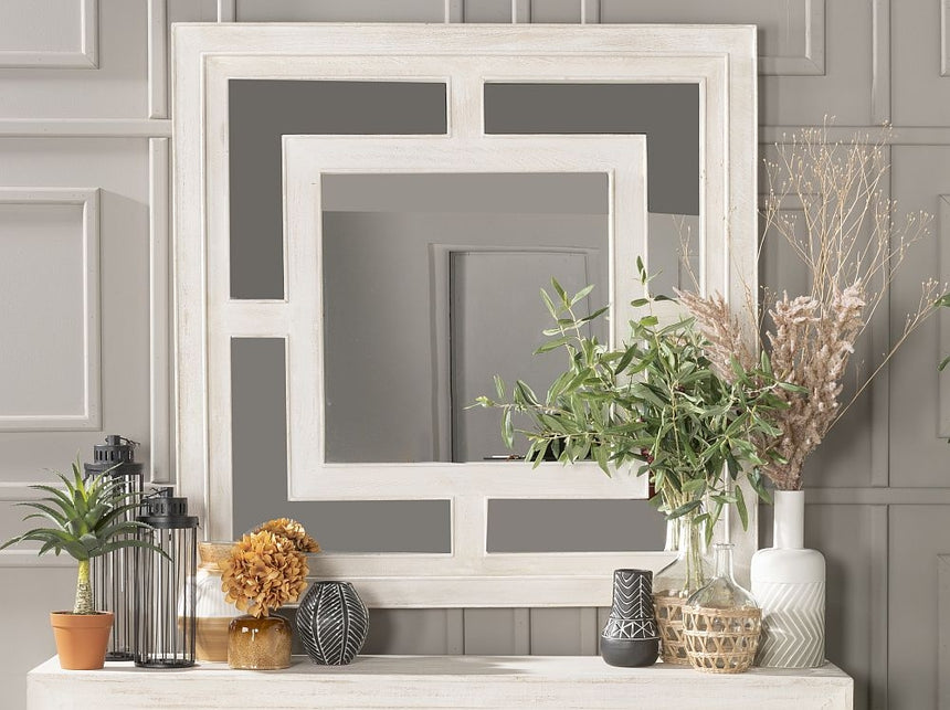 Geo White Washed Wall Mirror, Solid Mango Wood Square - 120cm x 120cm
