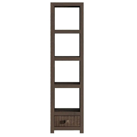 Dakota Mango Wood Narrow Bookshelf, Indian Dark Walnut Rustic Finish, 1 Drawer Bottom Storage Shelving Unit - Open Display Unit