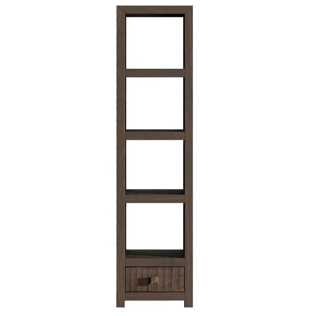 Dakota Mango Wood Narrow Bookshelf, Indian Dark Walnut Rustic Finish, 1 Drawer Bottom Storage Shelving Unit - Open Display Unit