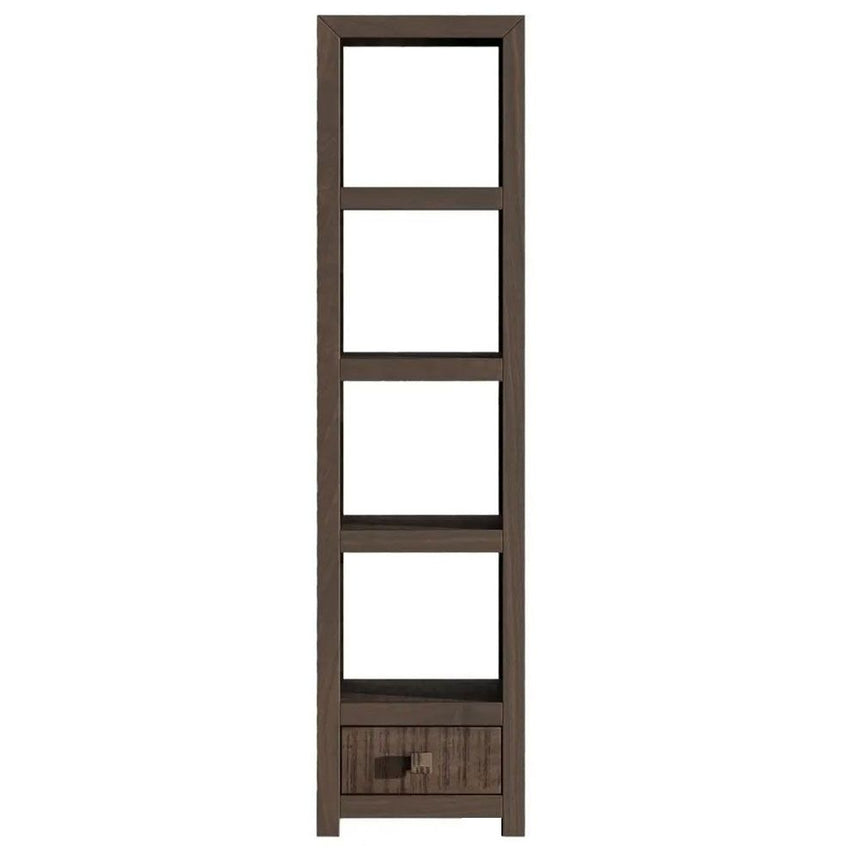 Dakota Mango Wood Narrow Bookshelf, Indian Dark Walnut Rustic Finish, 1 Drawer Bottom Storage Shelving Unit - Open Display Unit