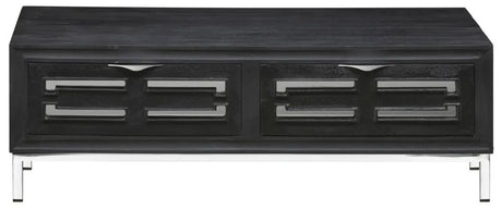 Geo Black Painted Mirrored Storage Coffee Table, Solid Mango Wood with Stainless Steel Chrome Base - 2 Drawers