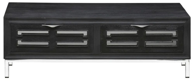 Geo Black Painted Mirrored Storage Coffee Table, Solid Mango Wood with Stainless Steel Chrome Base - 2 Drawers