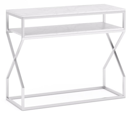 Scala White Marble Top and Chrome Console Table with Middle Shelf