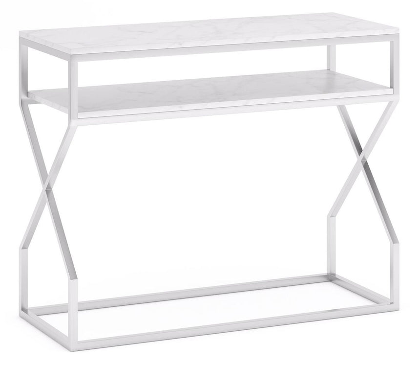 Scala White Marble Top and Chrome Console Table with Middle Shelf