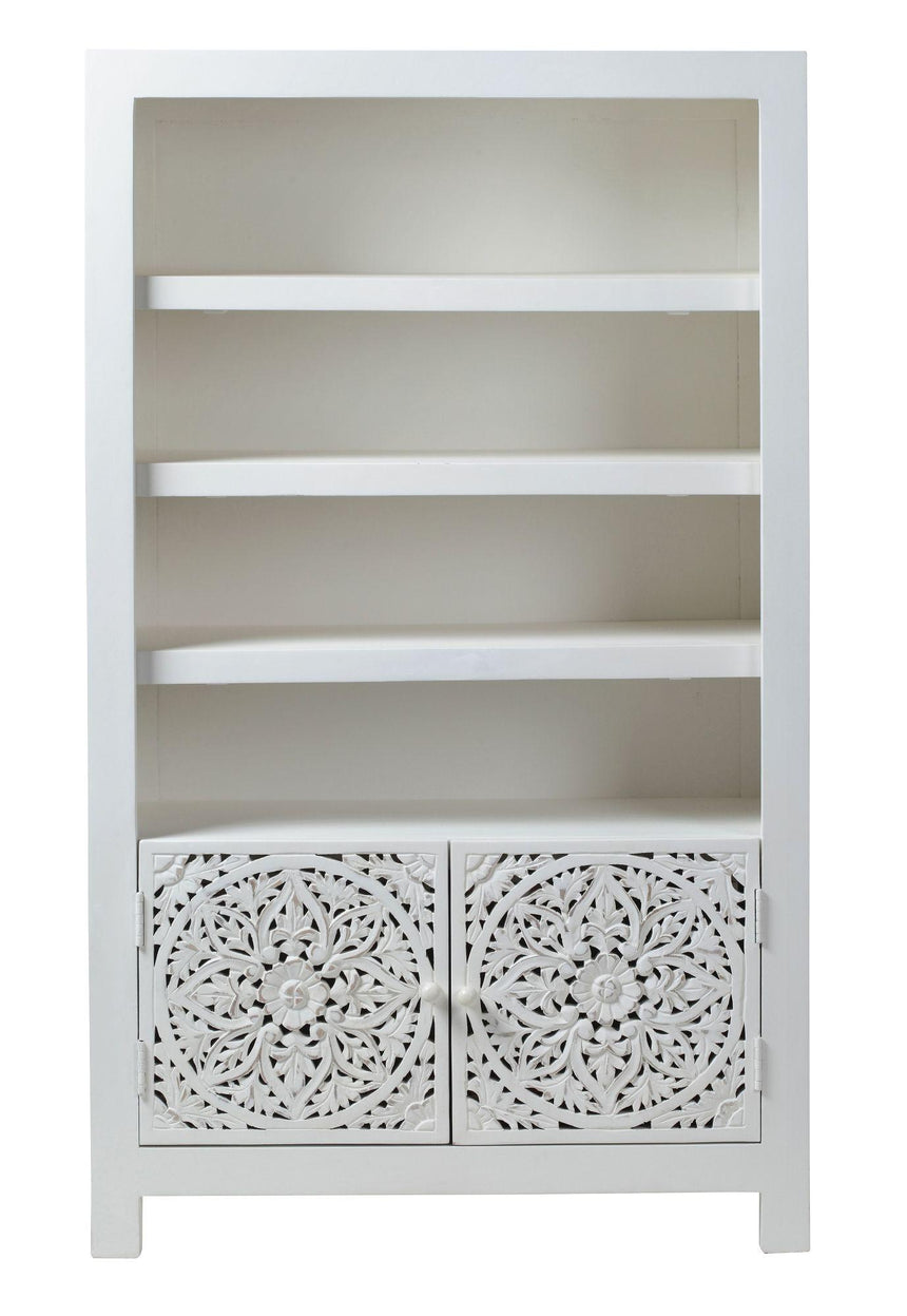 Boho White Carved Wooden Bookcase - 2 Doors