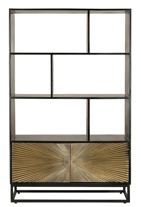 Luxe Black and Antique Gold Starburst Open Display Shelving Unit with Cupboard