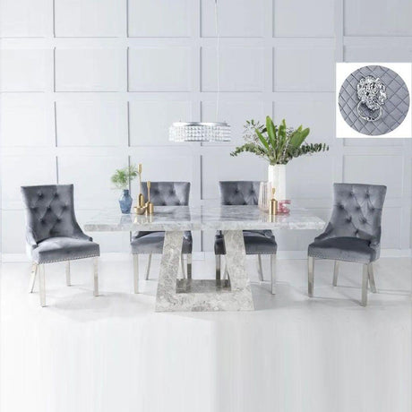 Pesaro Grey Marble Dining Set - Fabric Lion Knocker Back Chairs