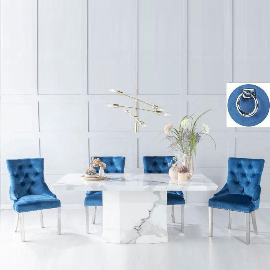 Turin White Marble Dining Set - Fabric Knocker Back Chairs with Chrome Legs