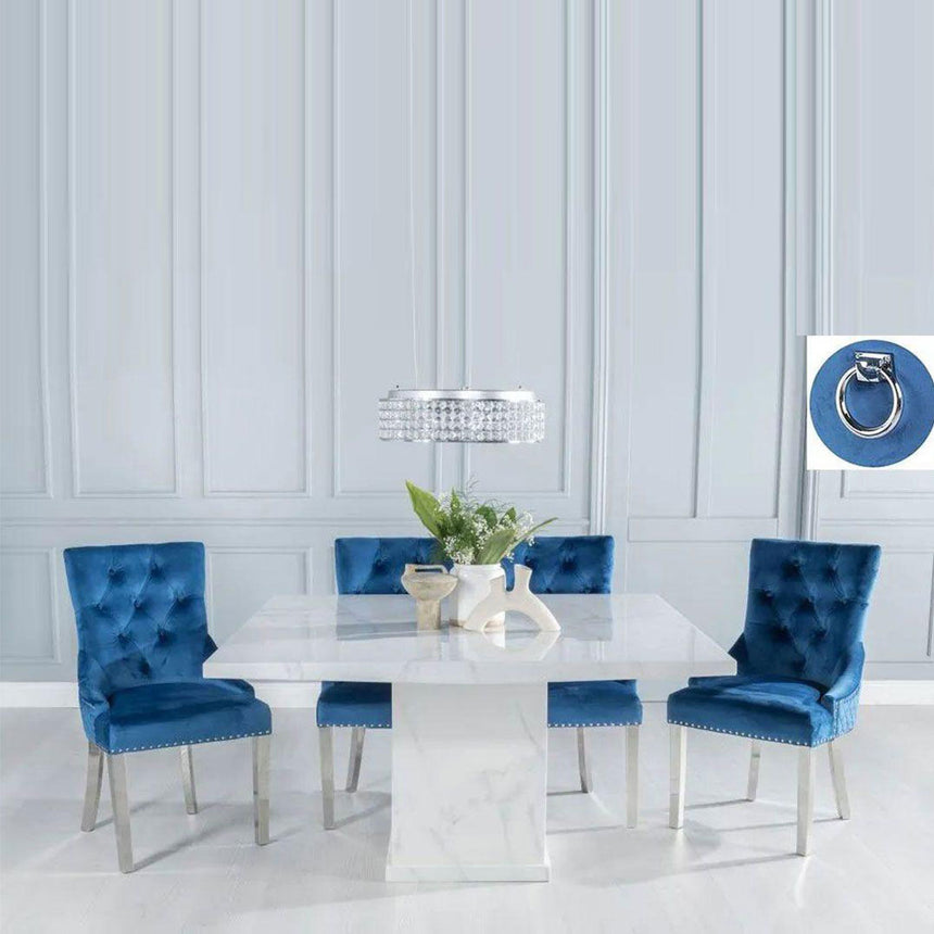 Giovanni 140cm Square White Marble Dining Set - Fabric Knocker Back Chairs with Chrome Legs