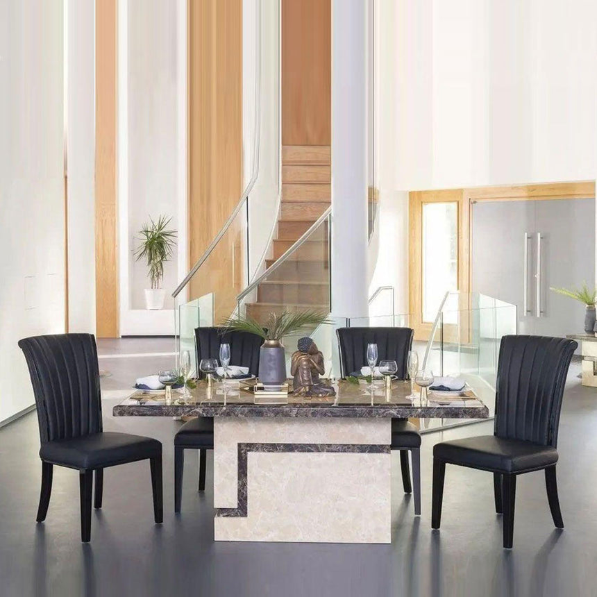 Taranto Cream Marble Dining Set - Milazzo Black Faux Leather Chairs