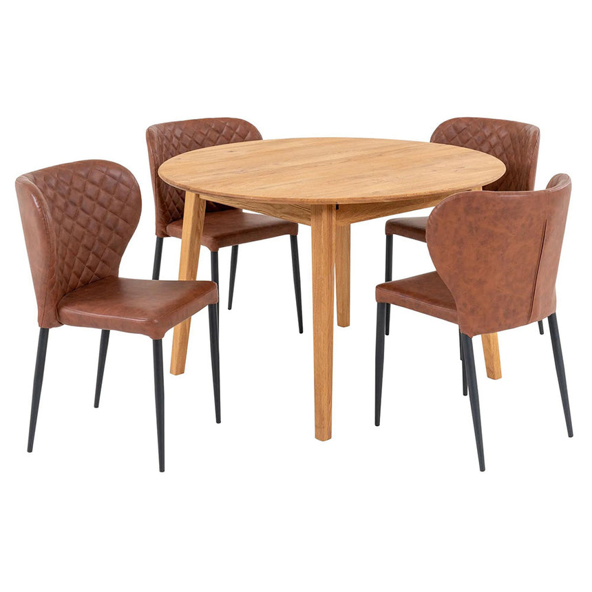 Metz Oak 4 Seater Round Extending Dining Set with 4 Nicut Brown Chairs