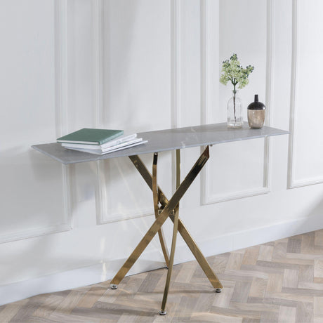 Clearance - Chopstick Grey Glass Console Table with Gold Metal Legs