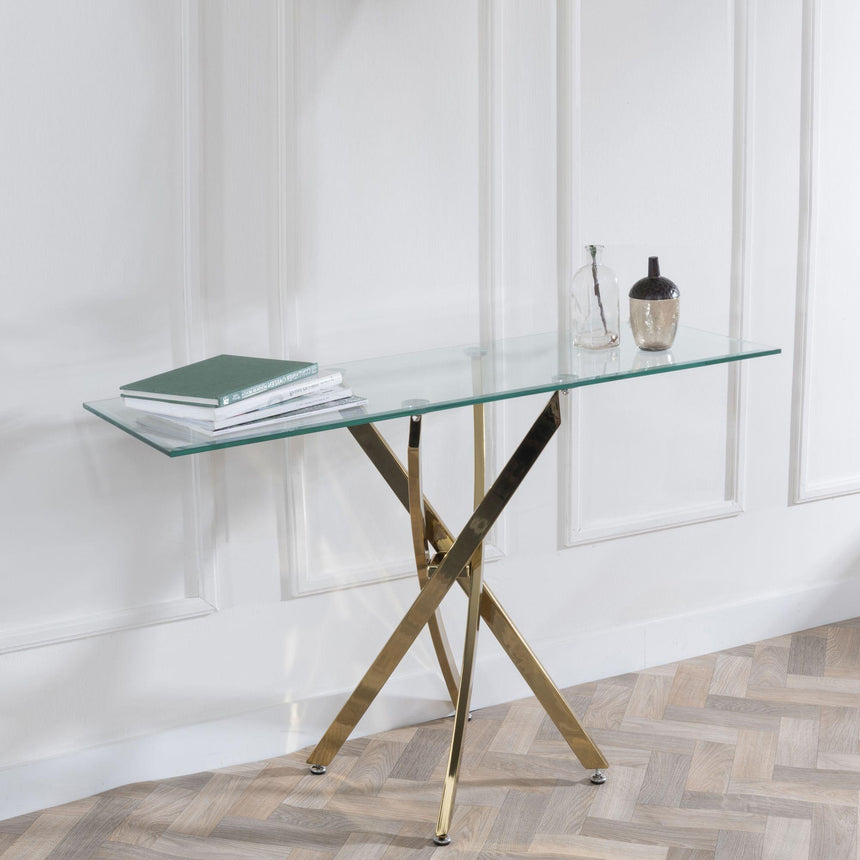 Clearance - Chopstick Clear Glass Console Table with Gold Metal Legs