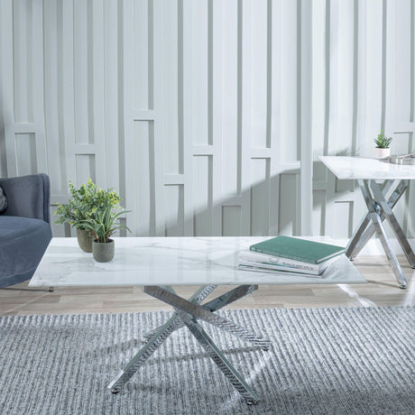Clearance - Chopstick White Glass Coffee Table with Chrome Metal Legs-2