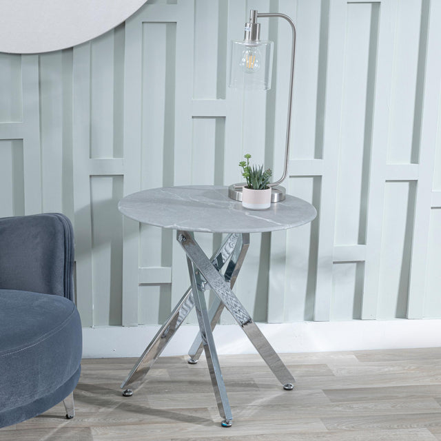 Clearance - Chopstick Grey Glass Round Side Table with Chrome Metal Legs