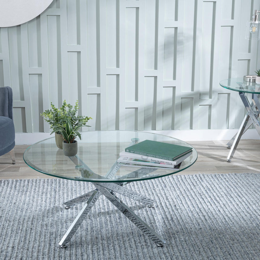 Clearance - Chopstick Clear Glass Round Coffee Table with Chrome Metal Legs