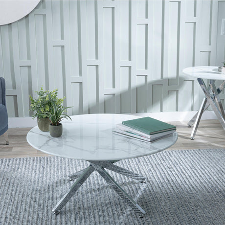 Clearance - Chopstick White Glass Round Coffee Table with Chrome Metal Legs-2