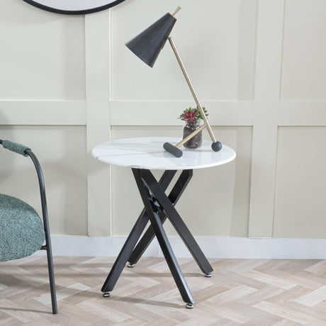Clearance - Chopstick White Glass Round Side Table with Black Metal Legs-2