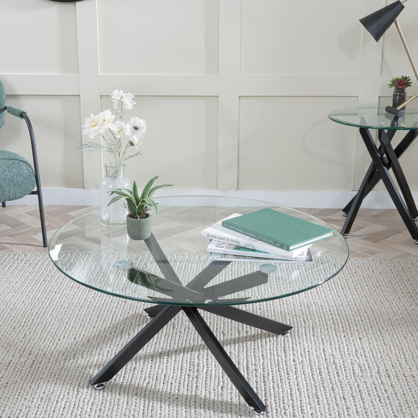Clearance - Chopstick Clear Glass Round Coffee Table with Black Metal Legs-3