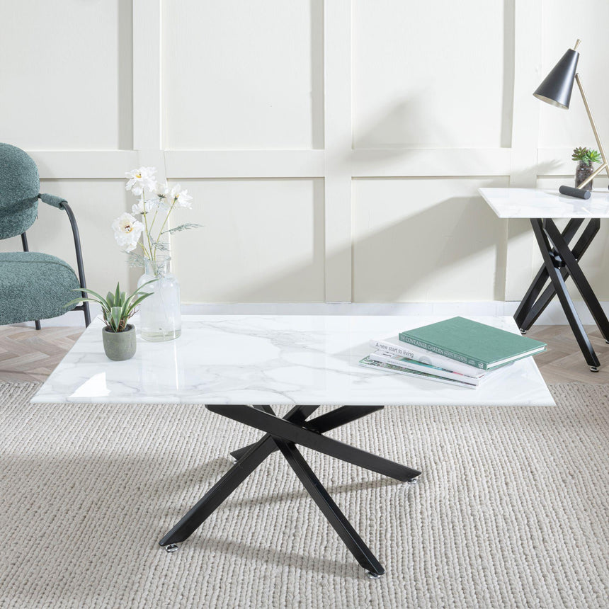 Clearance - Chopstick White Glass Coffee Table with Black Metal Legs-2