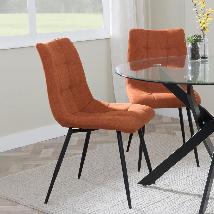 Corona Dining Chairs in Orange Colour Fabric and Black Metal Legs-4