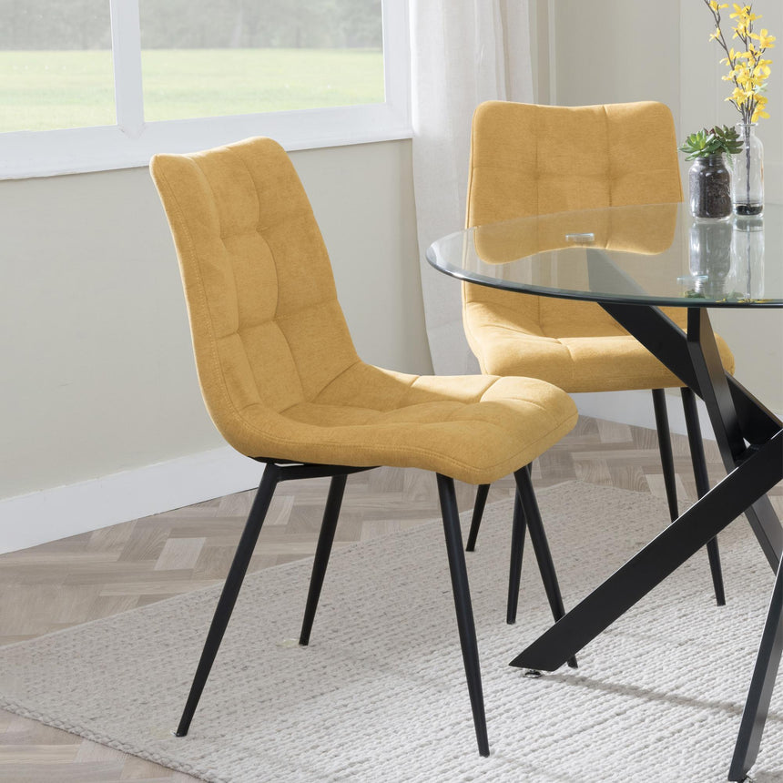 Corona Dining Chairs in Yellow Colour Fabric and Black Metal Legs