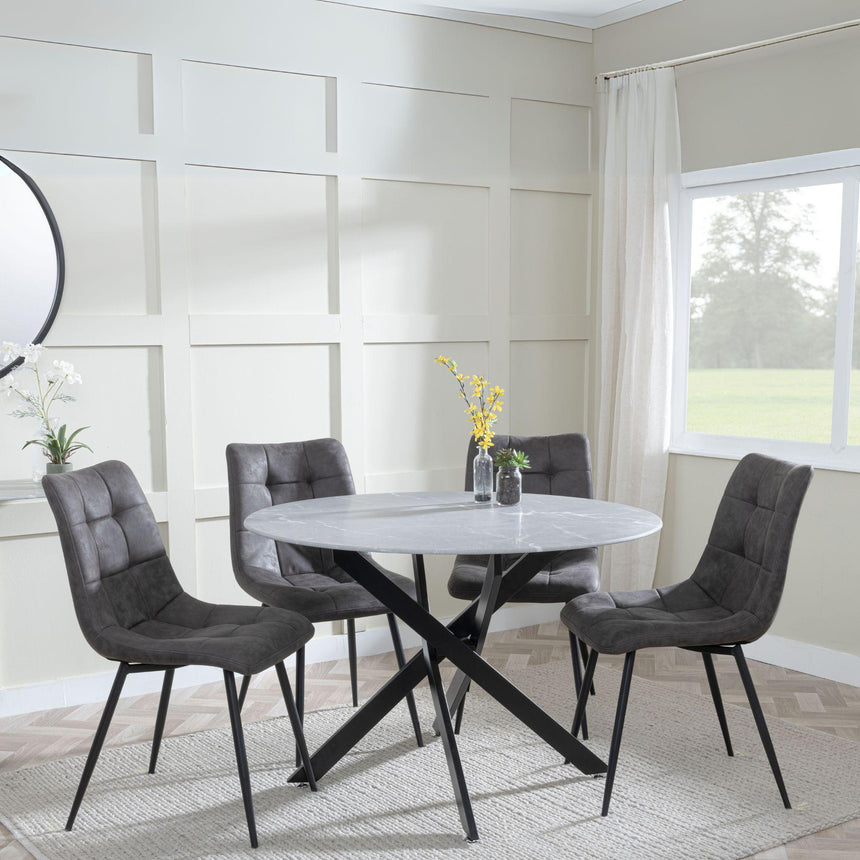 Clearance - Chopstick Grey Glass and Black Metal 4 Seater Round Dining Set - 4 Corona Grey Fabric Chairs-9