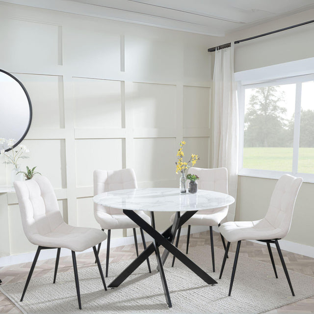 Clearance - Chopstick White Glass and Black Metal 4 Seater Round Dining Set - 4 Corona Beige Fabric Chairs