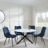 Clearance - Chopstick White Glass and Black Metal 4 Seater Round Dining Set - 4 Corona Blue Fabric Chairs-4