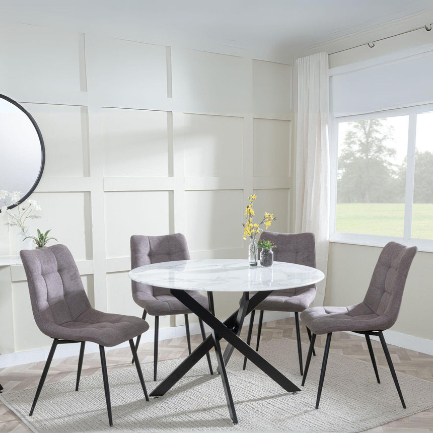 Clearance - Chopstick White Glass and Black Metal 4 Seater Round Dining Set - 4 Corona Camel Fabric Chairs-3