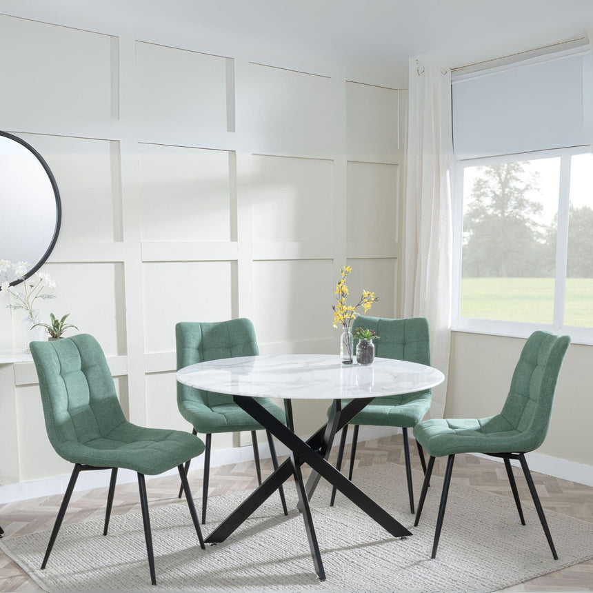 Clearance - Chopstick White Glass and Black Metal 4 Seater Round Dining Set - 4 Corona Green Fabric Chairs-6