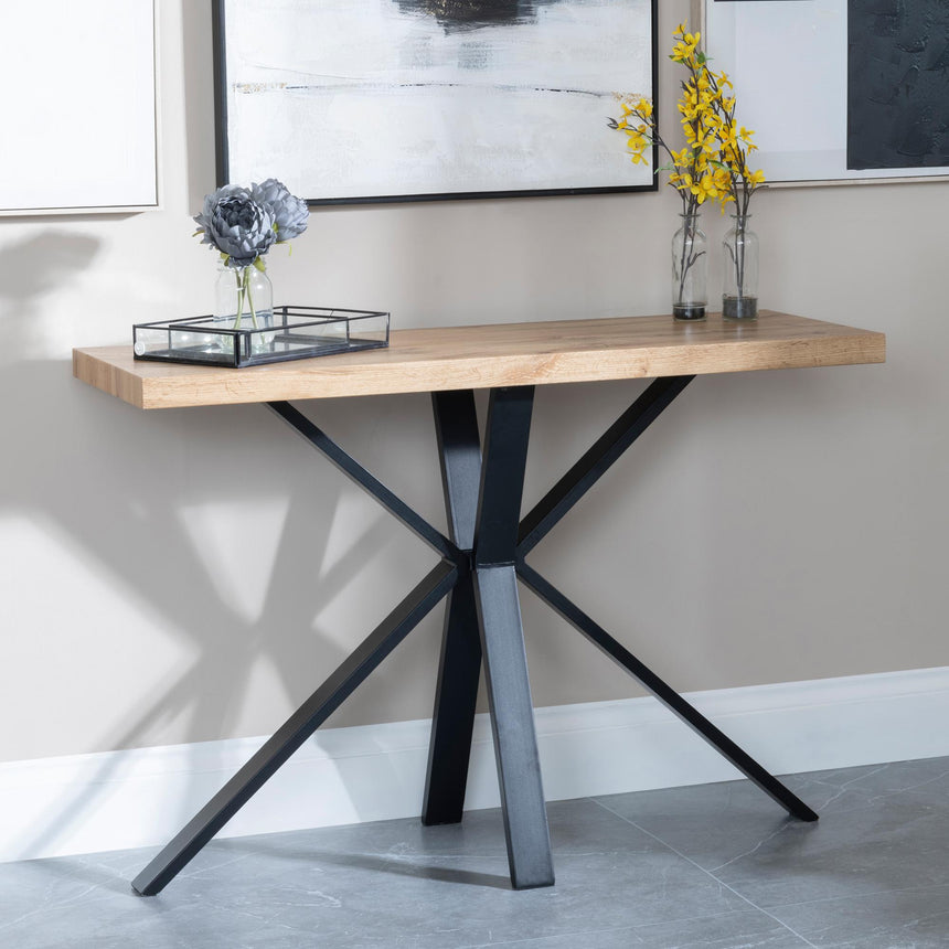 Ezra Oak Console Table with Black Spider Legs-2