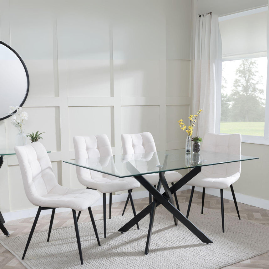 Clearance - Chopstick Clear Glass and Black Metal Dining Set - Corona Beige Fabric Chairs-3