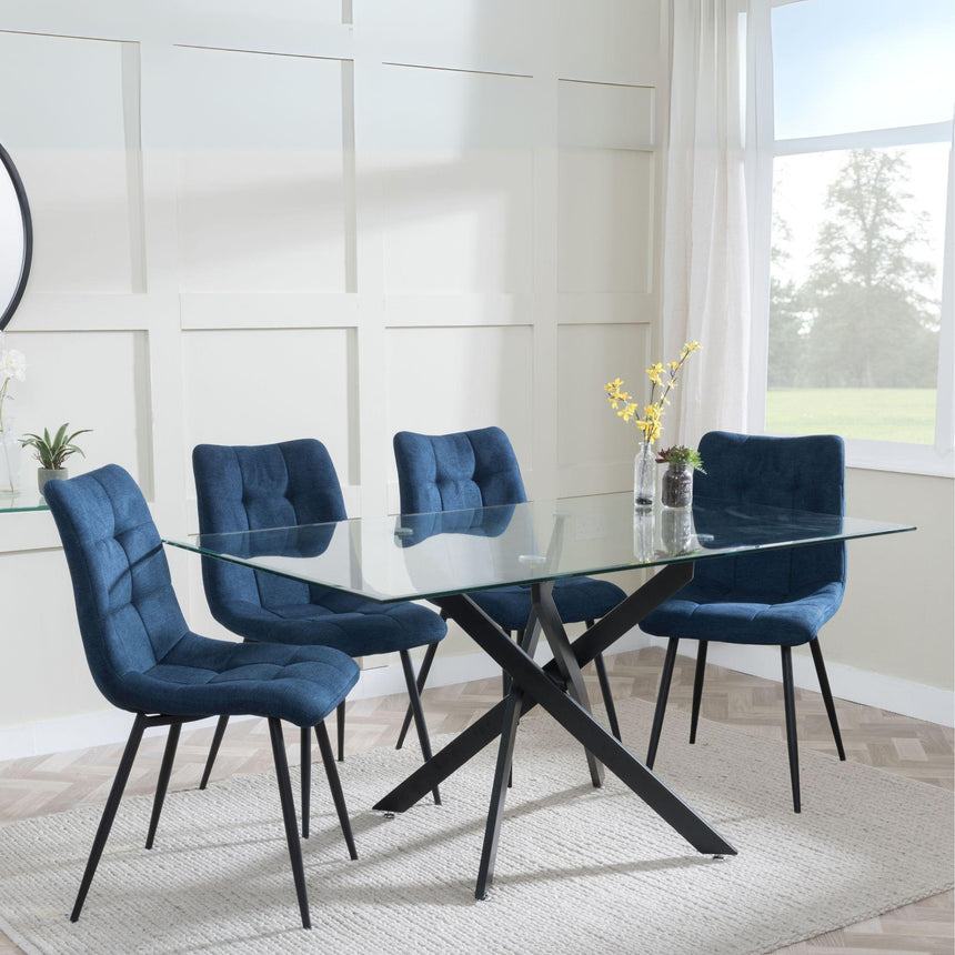 Clearance - Chopstick Clear Glass and Black Metal Dining Set - Corona Blue Fabric Chairs-5
