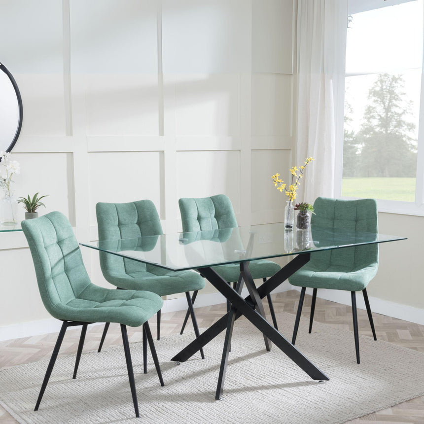 Clearance - Chopstick Clear Glass and Black Metal Dining Set - Corona Green Fabric Chairs-2