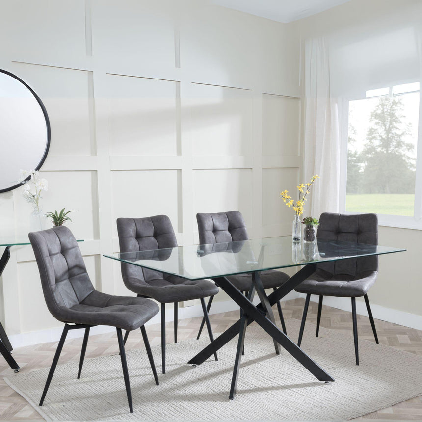 Clearance - Chopstick Clear Glass and Black Metal Dining Set - Corona Grey Fabric Chairs