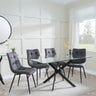 Clearance - Chopstick Clear Glass and Black Metal Dining Set - Corona Grey Fabric Chairs