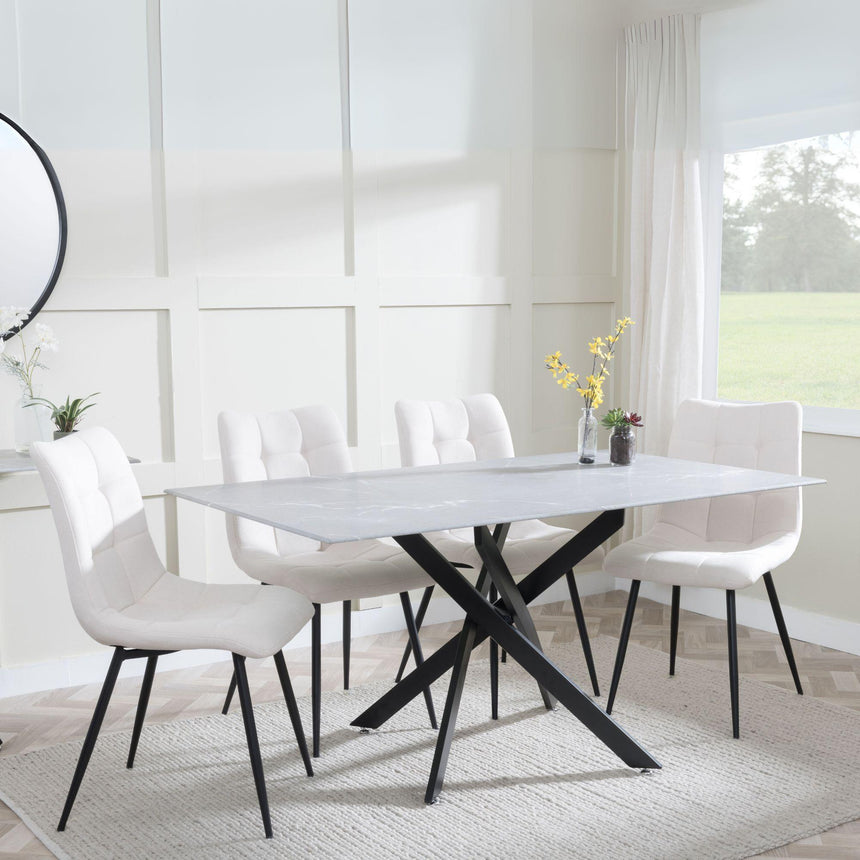 Clearance - Chopstick Grey Glass and Black Metal Dining Set - Corona Beige Fabric Chairs-3